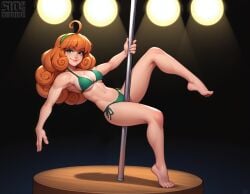 1girls ahoge ai_generated artist_name bangs bare_arms bare_legs bare_shoulders barefoot bikini breasts cleavage curly_hair dioxide feet freckles full_body green_bikini green_eyes hairband leg_up lips long_hair looking_at_viewer medium_breasts navel orange_hair penny_polendina pole_dancing rwby side-tie_bikini_bottom smile soles solo spotlight strap_gap string_bikini stripper stripper_pole swimsuit toes toned underboob