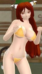 1girls 2024 3d adult_female aged_up bakeneko bikini breasts brown_hair_female cat_ears cat_humanoid cat_tail chen grown_up hati_yukkuri_mmd indoors kemonomimi light-skinned_female long_hair_female looking_at_viewer mmd mob_cap perfect_cherry_blossom red_eyes solo_female solo_focus swimsuit touhou twintails yellow_bikini youkai