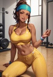 ai_generated brown_hair colombian colombian_female curvy_female curvy_figure dark-skinned_female dark_skin female female_only gym gym_clothes hairband king_of_fighters large_breasts latina navel smile smile_at_viewer zarina_(kof)