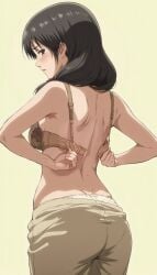 1girls ai_generated attack_on_titan black_hair bra carla_jaeger female female_only hi_res lemonjing mature mature_female mature_woman milf shingeki_no_kyojin simple_background solo solo_female undressing