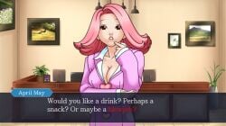 1girl 1girls accurate_art_style april_may breasts clothed_female clothing dialogue dialogue_box female female_focus female_only funny gyakuten_saiban inner_sideboob long_hair long_hair_female neckline pink_clothing pink_hair pinkmochidango screenshot sfw standing thought_bubble