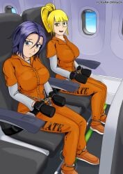 airplane airplane_interior ankle_cuffs blonde_hair bondage bondage_mittens bound bound_hands chains cuffs female female_only femsub fully_clothed handcuffs mittens plasma-dragon prison_clothes prison_uniform prisoner text_on_clothing wrist_cuffs