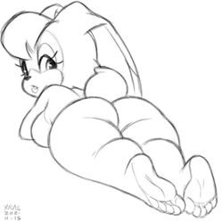 2021 5_toes anthro ass barefoot big_breasts big_butt big_ears breasts digital_media_(artwork) feet female hair lagomorph leporid looking_at_viewer looking_back lying mammal mature_female milf monochrome nude on_front rabbit sega simple_background sketch solo sonic_(series) sonic_the_hedgehog_(series) thick_thighs toes vanilla_the_rabbit xylas