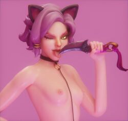 blinking glowing_eyes itsfernando licking_knife maeve_(paladins) nipples paladins paladins_champions_of_the_realm pink_hair small_breasts tongue_out