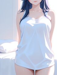 1girl absurd_res absurdres ahri_(league_of_legends) ai-created ai-generated ai_art ai_generated arms_behind_back artist_name athletic_female bangs bare_arms bare_shoulders bed black_hair blue_hair blush boobs breasts bust chest cleavage closed_mouth collarbone cowboy_shot facial_mark female fit_female gumtoof head_out_of_frame hi_res high_quality high_resolution indoors large_breasts league_of_legends lips long_hair medium_breasts morning on_bed patreon pillow pink_lips shirt sleeveless smile solo stable_diffusion standing tagme thigh_gap thighs tits uncensored white_shirt