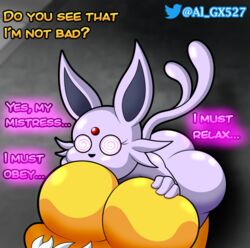 2girls al_gx ass big_ass big_breasts big_butt breast_grab breast_squish breast_sucking breasts convenient_censorship curvy_figure dialogue dominant_female eeveelution espeon female/female female_hypno female_on_top female_only furry huge_breasts hypno hypnosis mentioned_master mind_control nintendo pendulum pokemon pokemon_(species) purple_body seductive size_difference small_breasts smaller_female spiral_eyes squish thick_thighs video_games voluptuous wide_hips yellow_body yuri