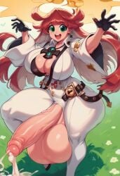 ai_generated big_ass big_balls big_breasts big_penis cleavage cum cumshot futanari guilty_gear guilty_gear_strive gvukub huge_balls huge_breasts huge_cock hyper_balls jack-o'_valentine thick_thighs