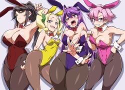 4girls adjusting_clothes ahoge animal_ears arms_behind_head bare_shoulders blonde_hair blush bow bowtie breasts brown_hair brown_pantyhose bursting_breasts cleavage clenched_teeth covered_navel embarassed fake_animal_ears hair_ornament hair_scrunchie hand_on_hip highleg highleg_leotard large_breasts leotard long_hair looking_at_viewer mucha_(muchakai) multiple_girls official_art open_mouth pantyhose pink_hair playboy_bunny purple_hair rabbit_ears rabbit_tail red_eyes scrunchie short_hair sideboob sidelocks simple_background small_breasts smug tearing_up teeth thick_thighs thighs tongue uvula white_background wide_hips wrist_cuffs