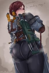 1girls ass ass_focus astra_militarum dat_ass death_korps_of_krieg dialogue drunkrembrancer english_text female female_only guardswoman_(warhammer_40k) image_set imperial_guard imperium_of_man looking_at_viewer text warhammer_(franchise) warhammer_40k