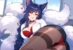 1female 1girls ahri ai_generated anemoi ass bra braided_hair breasts collar curvy curvy_figure female fox_ears fox_girl league_of_legends long_hair office office_lady panties panties_under_pantyhose pantyhose red_panties riot_games solo solo_focus spoken_heart tail teasing teasing_viewer tights vastaya watermark whisker_markings