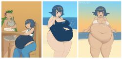 2d 2d_(artwork) belly big_belly big_breasts bikini blue_hair breasts chubby chubby_female fat game_freak lana_(pokemon) maniacalfork nintendo one_piece_swimsuit pokemon swimsuit wardrobe_malfunction white_skin