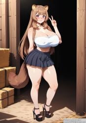 ai_generated barn bent_knees blush brown_hair hay_bale high_heels lindes1 long_hair massive_breasts nervous nipple_bulge peace_sign racoon_ears racoon_girl racoon_tail raphtalia skirt tate_no_yuusha_no_nariagari thick_thighs tubetop