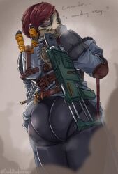 1girls ass ass_focus astra_militarum dat_ass death_korps_of_krieg dialogue drunkrembrancer english_text female female_only guardswoman_(warhammer_40k) image_set imperial_guard imperium_of_man looking_at_viewer text warhammer_(franchise) warhammer_40k