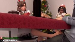 27bits blue_eyes brown_hair christmas christmas_clothing christmas_headwear christmas_outfit erection feet foot_fetish foot_play footjob gloves holidays illari_(overwatch) male male/female mercy nude nude_male overwatch painted_toenails penis soles toes