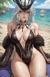 ai_generated big_hips blue_eyes female front_view genshin_impact long_hair milf secret_room12 shiny_skin signora_(genshin_impact) sitting stable_diffusion white_hair