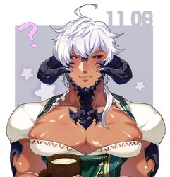 1boy ambush_(trap) androgynous au_ra beefy blush crossdressing final_fantasy final_fantasy_xiv heterochromia homohausotuki80 horns looking_at_viewer male male_nipples male_only manly_crossdresser muscles muscular_male pecs smooth_skinned_male softcore solo waist_up white_hair