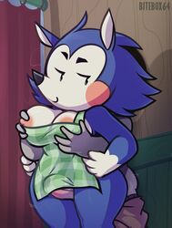 1boy 1girls 2021 animal_crossing apron bitebox64 blue_fur breast_grab breasts changing_room clothed clothing faceless_male female female_focus furry green_eyes groping hedgehog looking_back mabel_able markings nintendo nipples pointy_nose slightly_chubby smile smug straight thick_thighs thigh_job thigh_sex thighs thrusting wide_hips