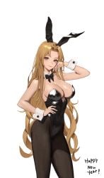 1girls absurdres alternate_costume animal_ears arm_up bare_shoulders black_bow black_bowtie black_hairband black_leotard black_pantyhose bow bowtie breasts brigid_(fire_emblem) brown_eyes brown_hair bunny_ears bunny_girl bunnysuit chinese_zodiac cleavage closed_mouth commission covered_navel detached_collar fake_animal_ears female female female_only fire_emblem fire_emblem:_genealogy_of_the_holy_war hairband hand_on_hip happy_new_year highres jonbur_man large_breasts leotard long_hair looking_at_viewer nintendo pantyhose pixiv_commission playboy_bunny rabbit_ears smile solo strapless strapless_leotard very_long_hair wrist_cuffs year_of_the_rabbit