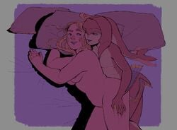 2girls anthro bed blonde_hair breath_of_the_wild chubby chubby_female cuddling fat fat_woman female female_only mipha multiple_girls nintendo nude pillow plump princess_mipha princess_zelda racqueer scar snuggle spooning the_legend_of_zelda yuri zelda_(breath_of_the_wild)