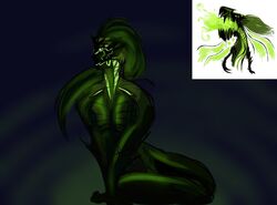 1girls arched_back big_breasts breast_squeeze breasts colored dragon dragon_girl facing_away female female_focus female_only green_body green_eyes green_hair green_skin hair hair_over_shoulder long_hair monster monster_girl ratofmeow reference_image revision rough_sketch scales shaded teeth teeth_showing