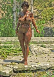 1girls 3d dark-skinned_female dark_skin female female_only front_view full_body_tattoo huge_breasts large_breasts looking_at_viewer necrophage nude nude_female outdoor outdoor_nudity outdoors outside pinup sagging_breasts short_hair slushe_(website) solo solo_female standing tattoo wet wet_body wet_hair wet_skin