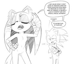 1boy 1girls black_and_white closed_eyes cosplay english english_text featureless_breasts featureless_crotch female knuckles_the_echidna_(cosplay) male no_sex nude palegarbo parody sonic_(series) sonic_boom sonic_the_hedgehog speech_bubble sticks_the_badger white_background