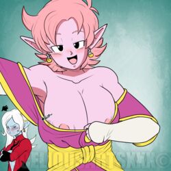 1:1_aspect_ratio 2d 2girls acelewdarts alternate_breast_size big_breasts blue-skinned_female blue_skin breast_envy breasts chronoa cleavage demon demon_girl dragon_ball dragon_ball_xenoverse earrings female high_resolution huge_breasts jealous jewelry krimreaper large_breasts looking_at_viewer multiple_girls nipple_slip nipples pink-skinned_female pink_skin pointed_ears pout pouting recolor shounen_jump towa