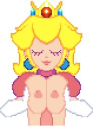 alternate_breast_size animated blonde_hair boobjob crown eyelashes gif looking_at_viewer mario_(series) paizuri pixel_art pixeltraps princess princess_peach smirk white_background