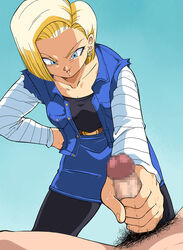 1boy 1girls android_18 big_breasts blonde_hair blue_eyes blush bob_cut breasts censored clothed_female_nude_male dragon_ball faceless_male female female_focus female_pubic_hair furrowed_eyebrows handjob happy light-skinned_female light-skinned_male light_skin moderate_pubic_hair mosaic_censoring no_panties nose_blush old_school_academy open_mouth short_hair shounen_jump spread_legs white_skin