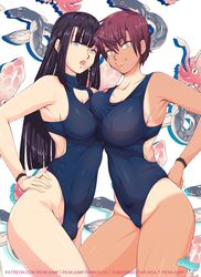 1futa 1girls asymmetrical_docking bangs black_hair blue_eyes blue_swimsuit breast_press breasts brown_hair bulge clothed clothing duo eel fanbox_username female futanari hand_on_hip human large_breasts light-skinned_futanari light_skin long_hair looking_at_viewer medium_breasts mostly_clothed multiple_girls one-piece_swimsuit open_mouth original patreon_username pattern_background peakjump short_hair smile squid standing straight_hair subscribestar_username swimsuit tan tan-skinned_female tanline tomboy watermark yellow_eyes