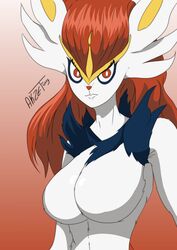 1girls 2d akzet anthro breasts cinderace furry pokemon pokemon_ss red_eyes red_hair simple_background solo white_fur