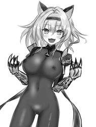 2021 acquire akayama_hiromi armor black_and_white bodysuit breasts cat_ears cat_tail claws compile_heart gauntlets headband idea_factory lesbian marvelous neptunia_(series) neptunia_x_senran_kagura_ninja_wars nipples nipples_visible_through_clothing senran_kagura sketch tamsoft white_background yuuki_(neptunia_x_senran_kagura_ninja_wars)