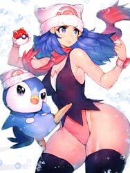 1girls breasts cameltoe dawn_(pokemon) female fumio_(rsqkr) nintendo nipple_bulge piplup pokemon pokemon_(species) pokemon_dppt solo_focus thick_thighs thighhighs wide_hips