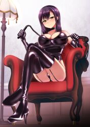 2d boots breasts chair choker corset crossed_legs dominatrix female garter_straps gloves high_heel_boots holding_whip large_breasts latex medium_hair misaki_(piririnegi) panties piririnegi purple_hair sitting_on_chair smiling standing_lamp whip yellow_eyes