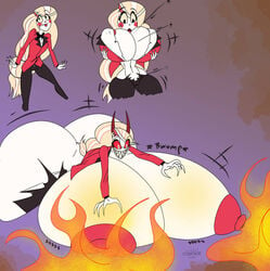 1girls ass_expansion bowtie breast_expansion button_pop charlie_morningstar_(hazbin_hotel) clothing confade demon demon_form gigantic_ass gigantic_breasts hazbin_hotel huge_ass huge_breasts lactating_fire neckwear ripped_clothing sequence smooth_skin thick_thighs torn_clothes torn_clothing tuxedo unusual_lactation