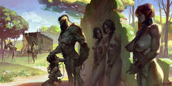 3boys 6+girls breasts chained chains coffle collar cuffs elf erection facial_hair fellatio grass holding holding_polearm holding_weapon kneeling large_breasts long_hair multiple_boys multiple_girls muscular_female nipples nude oral orc orc_male original outdoors outside painting_(artwork) party_wipe penis pointy_ears polearm realistic sabudenego short_hair sky slave spoils_of_war standing testicles tree weapon