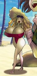 1boy 2girls :d akira_kazama alternate_ass_size alternate_breast_size antenna_hair ass bare_arms beach big_ass big_breasts big_butt big_nipples blonde_hair boob_window breasts breasts_bigger_than_head brown_hair buried bursting_breasts capcom cleavage collarbone daigo_kazama detailed_background drill_hair edit female glasses glasses_on_head green_swimsuit happy hat hikaru_zulu hourglass_figure huge_ass huge_breasts huge_butt hyper karin_kanzuki large_ass large_breasts large_butt long_hair massive_breasts nipple_bulge nipples nipples_visible_through_clothing one-piece_swimsuit palm_tree red_swimsuit ringlets sandals screenshot screenshot_edit short_hair shrug sideass smile strapless strapless_swimsuit street_fighter street_fighter_v sun_hat sunglasses sunglasses_on_head thick_thighs tree upscaled wide_hips