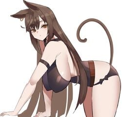 arknights bent_over big_breasts brown_eyes brown_hair cat_ears cat_tail catgirl curvy huge_breasts long_hair looking_at_viewer pale-skinned_female pale_skin skyfire_(arknights) swimsuit unknownnoname0