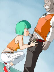 1boy 1girls bent_knees big_breasts blonde_hair blowjob blue_eyes blue_hair bob_cut bottomless breasts bulma_briefs bulma_briefs_(androids'_saga) censored clothed dr_gero dragon_ball dragon_ball_z fellatio female female_focus female_pubic_hair jeans light-skinned_female light_skin milf mind_control moderate_pubic_hair mosaic_censoring mother near_model no_panties old_man old_school_academy older_male on_model penis shounen_jump sleeveless_jacket socks white_hair white_skin