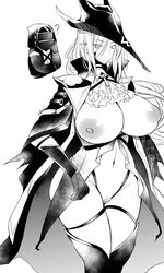 alternate_costume arknights big_breasts blank_stare coat curvy doctor_(arknights) gladiia_(arknights) hat huge_breasts long_hair looking_at_viewer mature_female midriff pijone pubic_hair thick_thighs wide_hips