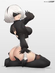 1girls 2022 android android_girl ass beauty_mark blindfold breasts female female_only flytrapxx heeled_boots heels highleg_leotard hips huge_ass huge_breasts kneeling leotard looking_at_viewer mole_under_mouth nier nier:_automata nier_(series) short_hair sideboob slim_waist square_enix thick_thighs thigh_boots thighhighs thighs white_hair wide_hips yorha_2b