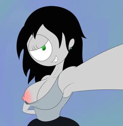 1girls 2016 2d black_hair black_legwear breasts burtonberg cute cyclops female female_only green_eyes grey_skin grey_tank_top kim_pazookie_(montatora-501) kimberly_pazookie_(montatora-501) large_breasts looking_at_viewer milf monster_girl montatora-501 no_bra oboithisisfunky omegusmaximus original_character selfie simple_background smile solo source_request tank_top thighhighs