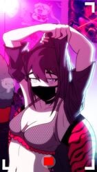 arms_above_head black_hair bra bralette cam_(the_otachan_show) carrie_krueger choker cleavage face_mask female lifting_shirt looking_at_viewer mask partially_clothed ponytail shirt_lift the_amazing_world_of_gumball the_otachan_show