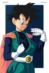 1girls black_hair blue_eyes cape clothing dragon_ball dragon_ball_z female female_only fully_clothed great_saiyaman_2 great_saiyawoman hazama_null large_breasts open_mouth overheating prince_vegeta skin_tight solo spiky_hair superheroine sweat sweatdrop tight_clothing videl waving_hand