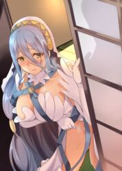 1girls :p accidental_exposure azura_(fire_emblem) bare_legs bare_thighs blue_hair blush breasts caught cleavage door elbow_gloves endou_(zettai_bluenoid) endouvocalotyu female_focus fire_emblem fire_emblem_fates gloves hair_between_eyes heavy_breathing implied_sex large_breasts licking_lips light_blue_hair long_hair naughty_face nervous nintendo opening_door sex smile solo_focus stealth_sex steaming_body steamy sweat thighs tongue tongue_out very_long_hair wardrobe_malfunction yellow_eyes