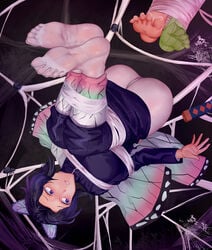 2girls black_hair bondage bound bound_legs bubble_butt butterfly_hair_ornament demon_slayer feet feet_up female female_only foot_fetish foot_focus gradient_hair haori hi_res kanroji_mitsuri katana kimetsu_no_yaiba kochou_shinobu legs_up long_sleeves panties pants_down pantyhose purple_eyes restrained sheer_legwear soles solo_focus spider spider_web stockings sword tights two_tone_hair uniform upside-down very_high_resolution white_legwear white_panties white_pantyhose yuehei_dao