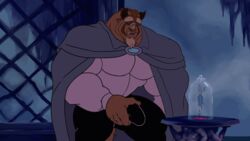 1boy animated bara beast beast_(disney) beauty_and_the_beast biceps big_muscles big_penis boner bulge clothing disney erection huge_cock male_only masturbation masturbation_through_clothing muscular muscular_male open_mouth remert solo solo_male