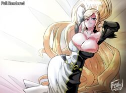 arms_behind_head bed big_breasts blazblue:_cross_tag_battle blonde_hair dress hilda_(under_night_in-birth) huge_breasts suggestive tight_clothing under_night_in-birth