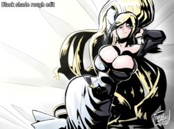 arms_behind_head bed big_breasts blazblue:_cross_tag_battle blonde_hair dress hilda_(under_night_in-birth) huge_breasts suggestive tight_clothing under_night_in-birth vkid