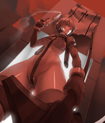 1girls armwear axe belt breasts casual collar female firearm glowing glowing_eye gun handgun handwear highres hip_bones holding holding_weapon jiffic labia martyr_(the_citadel) midriff neckwear pussy pussy_peek revealing_clothes robot robot_girl short_hair smoke smoking_gun solo the_citadel the_martyr thighhighs thighs tomboy underboob weapon wristwear